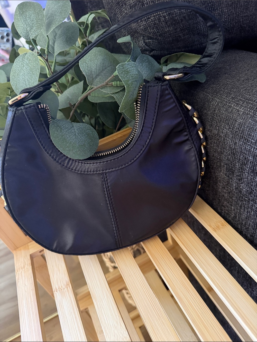 Topshop Black Crescent Mini Shoulder Bag with Gold Accents